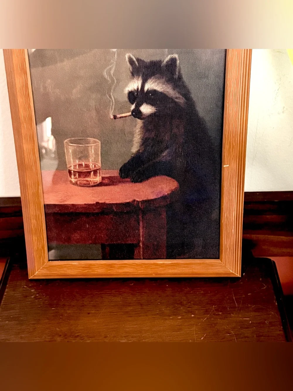 Raccoon Smoking a Cigarette Drinking Whiskey Canvas Art Print Vtg Wood Frame